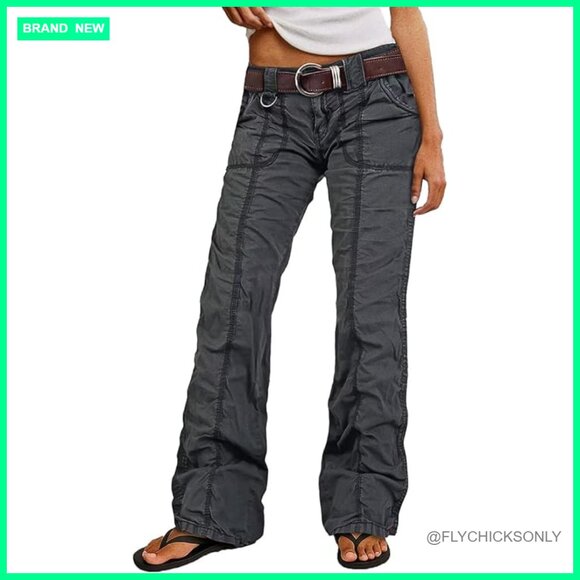 Pants - Mid Rise Straight Leg Cargo Pants with Patch Pockets Casual Cotton Blend